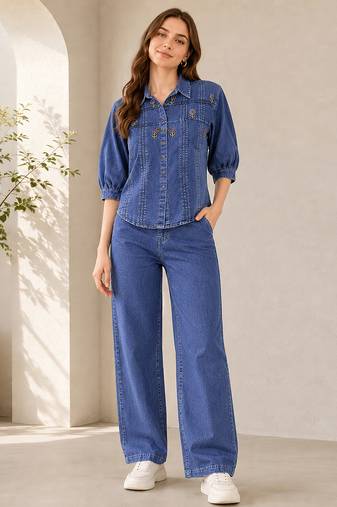 Blue denim embroidery work stylish mandarin collar co-ord set shirt & wide leg pants