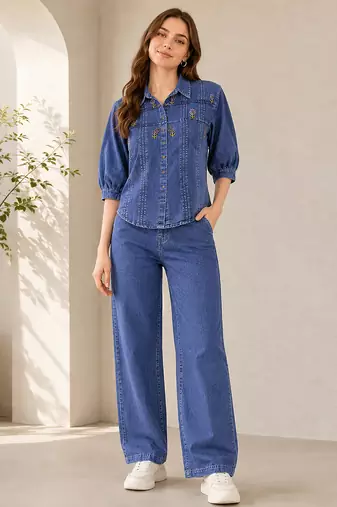 Blue denim embroidery work stylish mandarin collar co-ord set shirt & wide leg pants