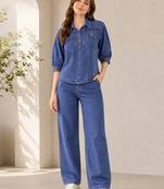 Blue denim embroidery work stylish mandarin collar co-ord set shirt & wide leg pants