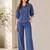 Blue denim embroidery work stylish mandarin collar co-ord set shirt & wide leg pants