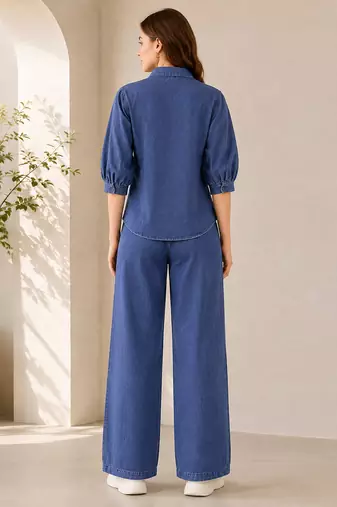Blue denim embroidery work stylish mandarin collar co-ord set shirt & wide leg pants