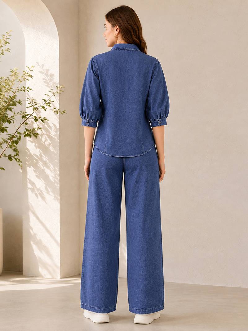 Blue denim embroidery work stylish mandarin collar co-ord set shirt & wide leg pants