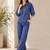 Blue denim embroidery work stylish mandarin collar co-ord set shirt & wide leg pants