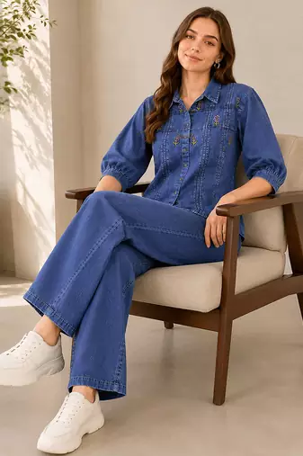 Blue denim embroidery work stylish mandarin collar co-ord set shirt & wide leg pants