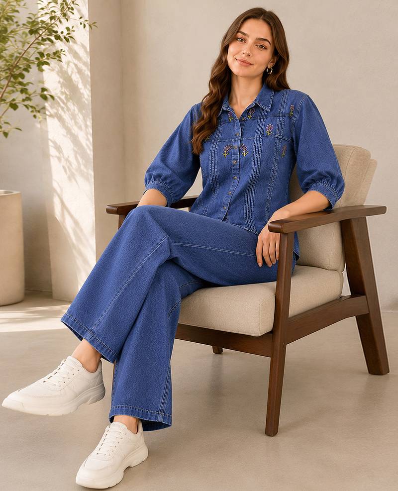 Blue denim embroidery work stylish mandarin collar co-ord set shirt & wide leg pants