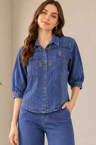 Blue denim embroidery work stylish mandarin collar co-ord set shirt & wide leg pants