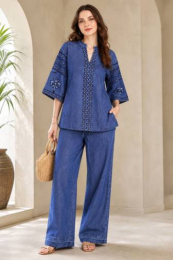 Blue denim embroidery work stylish mandarin collar co-ord set top and pant