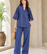 Blue denim embroidery work stylish mandarin collar co-ord set top and pant