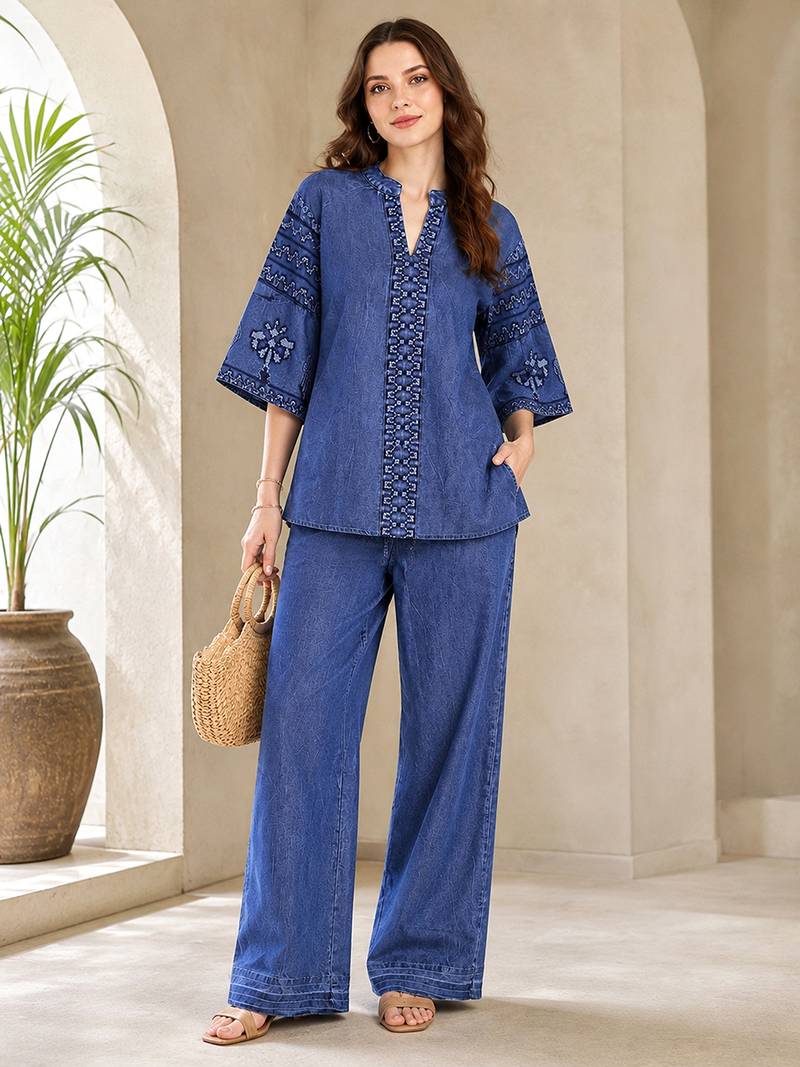 Blue denim embroidery work stylish mandarin collar co-ord set top and pant