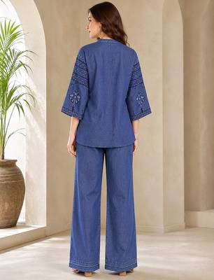 Blue denim embroidery work stylish mandarin collar co-ord set top and pant 2