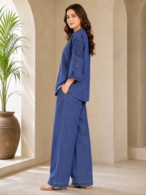 Blue denim embroidery work stylish mandarin collar co-ord set top and pant 3