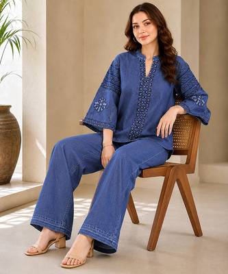Blue denim embroidery work stylish mandarin collar co-ord set top and pant 4