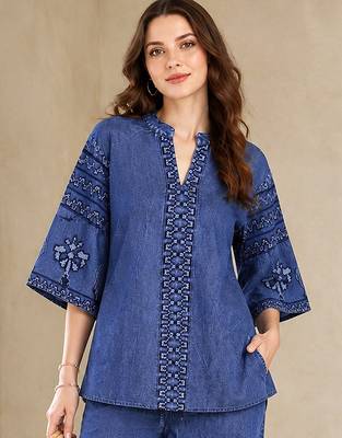 Blue denim embroidery work stylish mandarin collar co-ord set top and pant 5