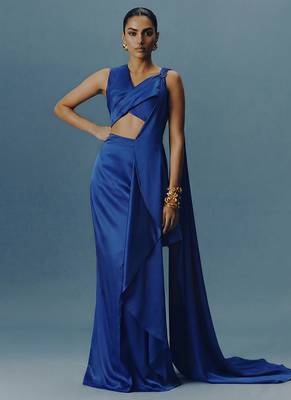 Blue embroidered satin silk saree set 1