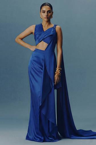Blue embroidered satin silk saree set