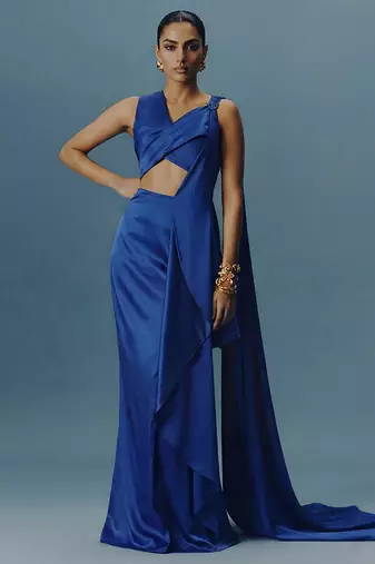 Blue embroidered satin silk saree set
