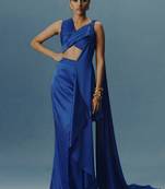 Blue embroidered satin silk saree set