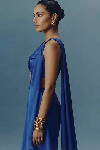 Blue embroidered satin silk saree set