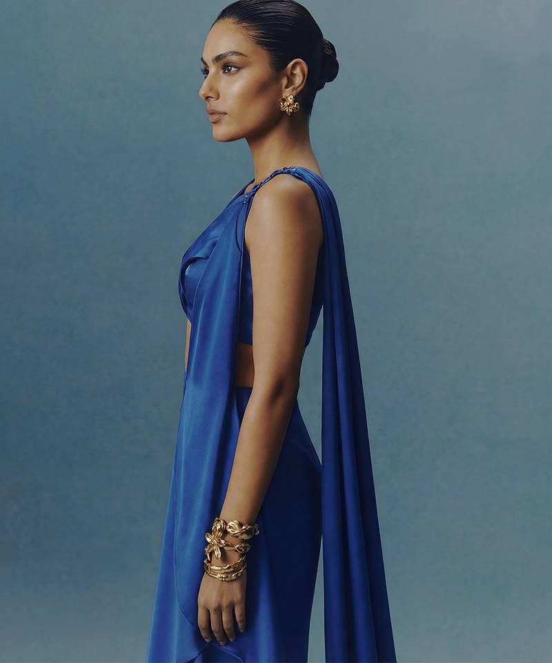 Blue embroidered satin silk saree set