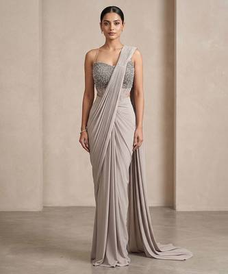 Grey embroidered lycra saree set 1