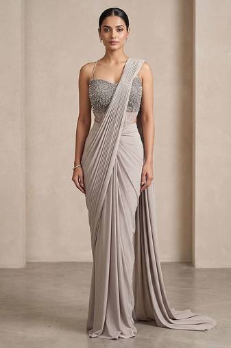 Grey embroidered lycra saree set