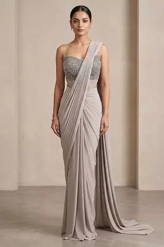 Grey embroidered lycra saree set