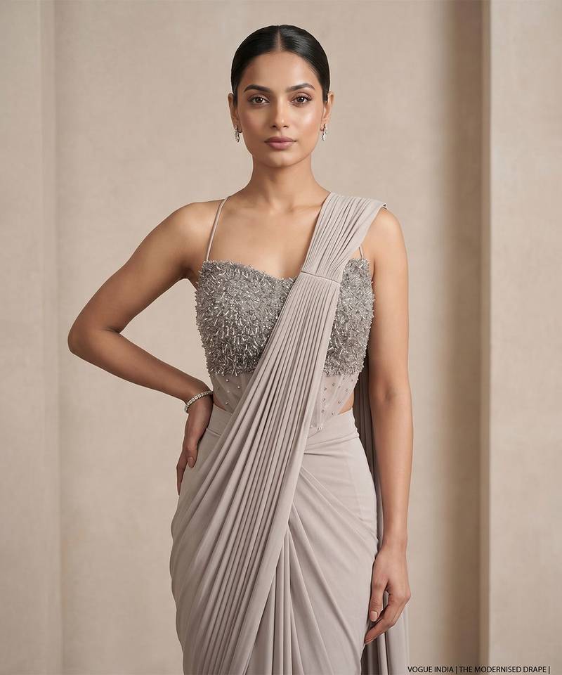 Grey embroidered lycra saree set