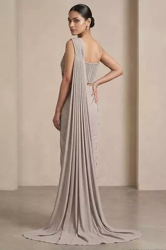 Grey embroidered lycra saree set