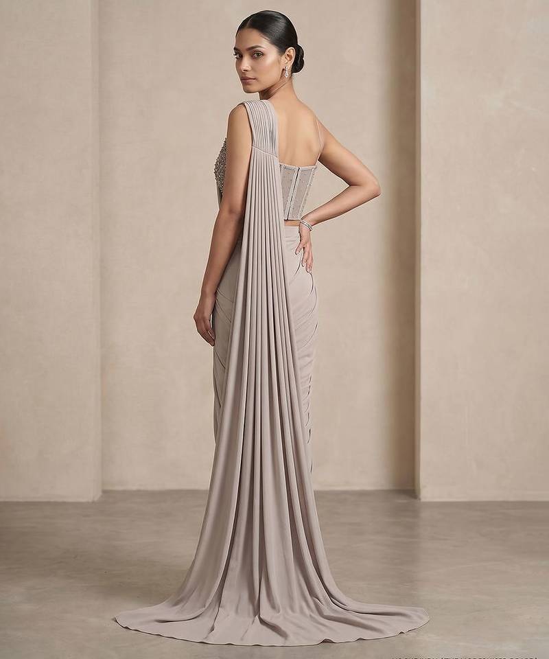 Grey embroidered lycra saree set