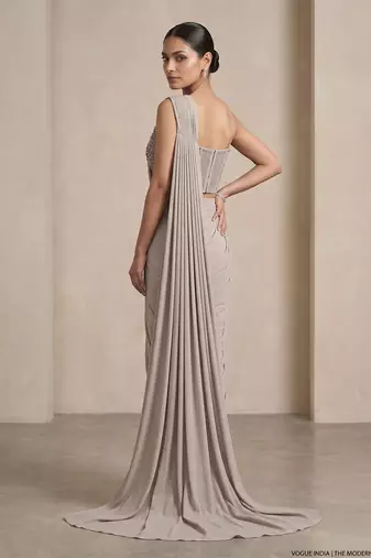 Grey embroidered lycra saree set