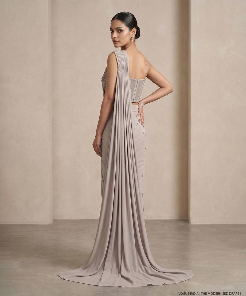 Grey embroidered lycra saree set