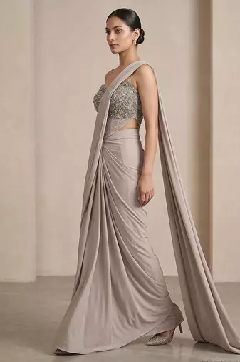Grey embroidered lycra saree set