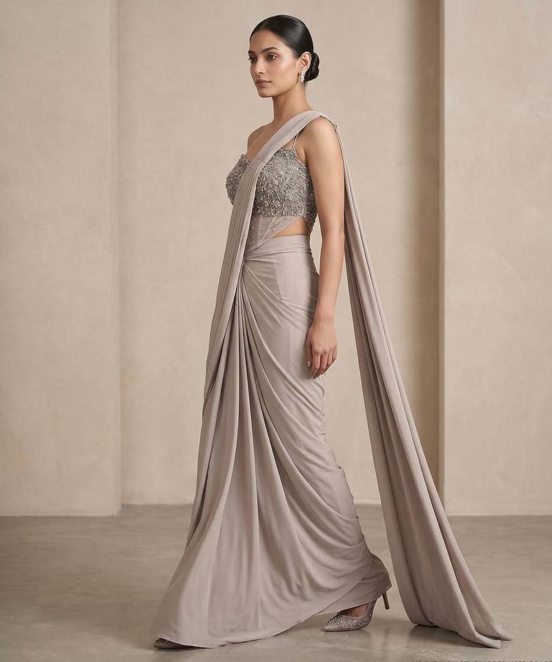 Grey embroidered lycra saree set
