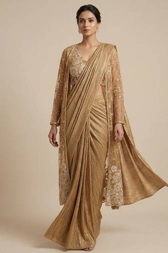 Gold embroidered textured shimmer saree set with jacket