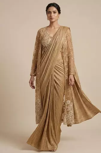 Gold embroidered textured shimmer saree set with jacket