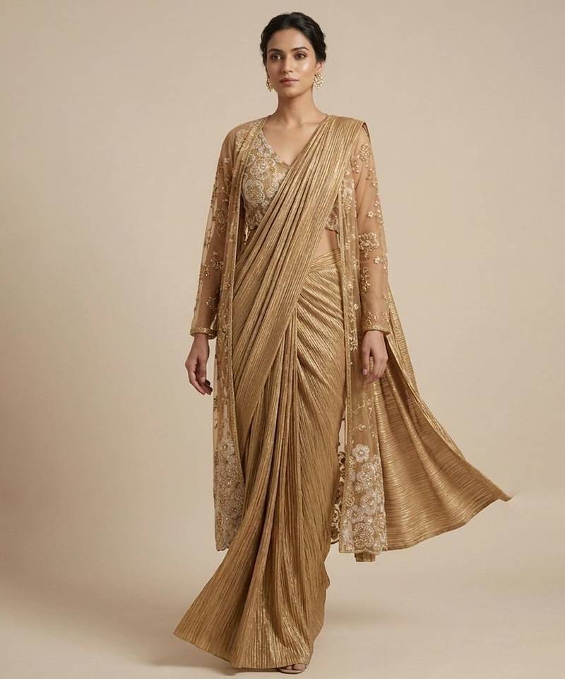 Gold embroidered textured shimmer saree set with jacket