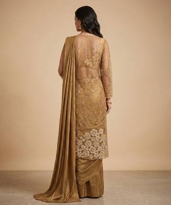 Gold embroidered textured shimmer saree set with jacket 3