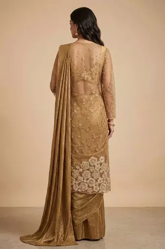 Gold embroidered textured shimmer saree set with jacket