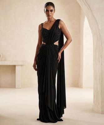 Black embroidered lycra saree set 1