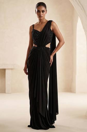 Black embroidered lycra saree set