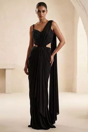 Black embroidered lycra saree set