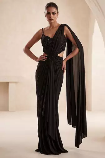 Black embroidered lycra saree set