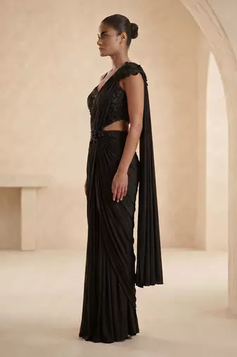 Black embroidered lycra saree set