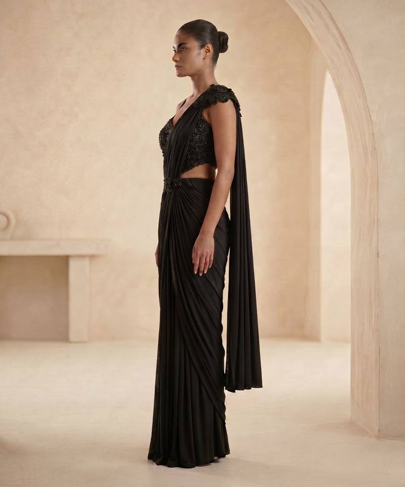 Black embroidered lycra saree set