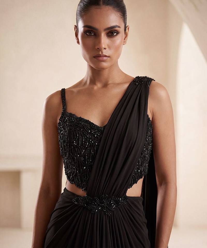 Black embroidered lycra saree set