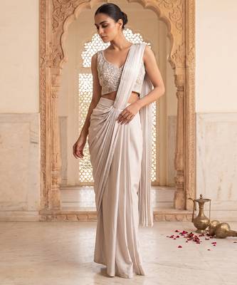 Grey embroidered satin saree set 1