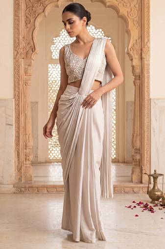 Grey embroidered satin saree set