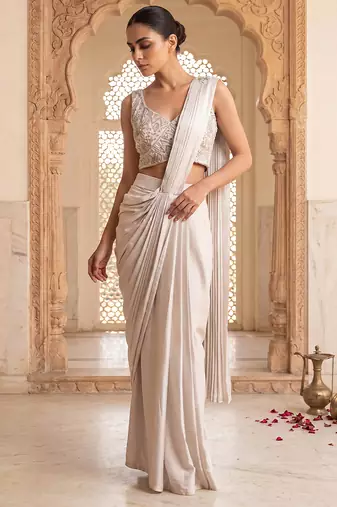 Grey embroidered satin saree set