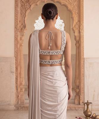 Grey embroidered satin saree set 2