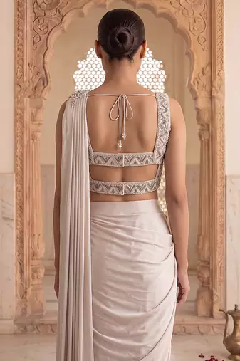 Grey embroidered satin saree set